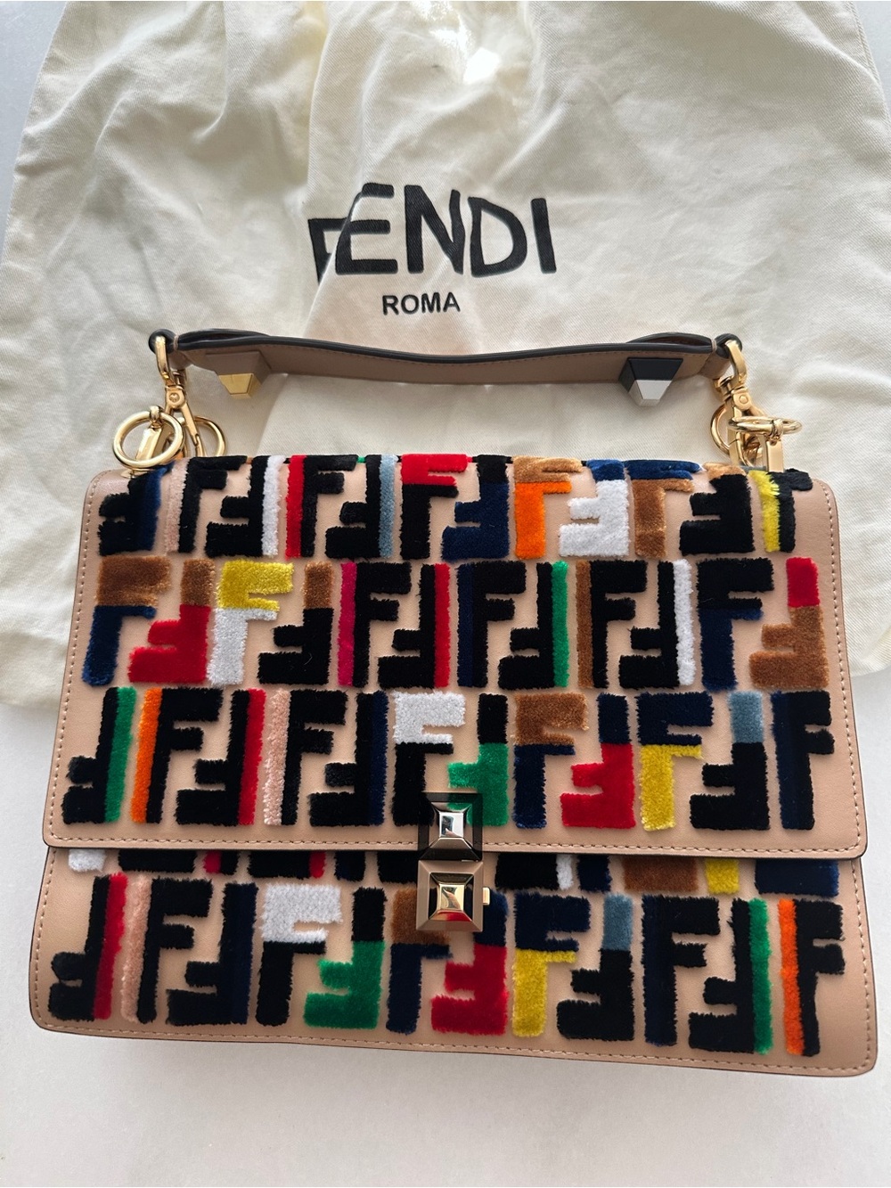 Fendi Multicolor FF Velvet Shoulder Bag with Beige Trim
